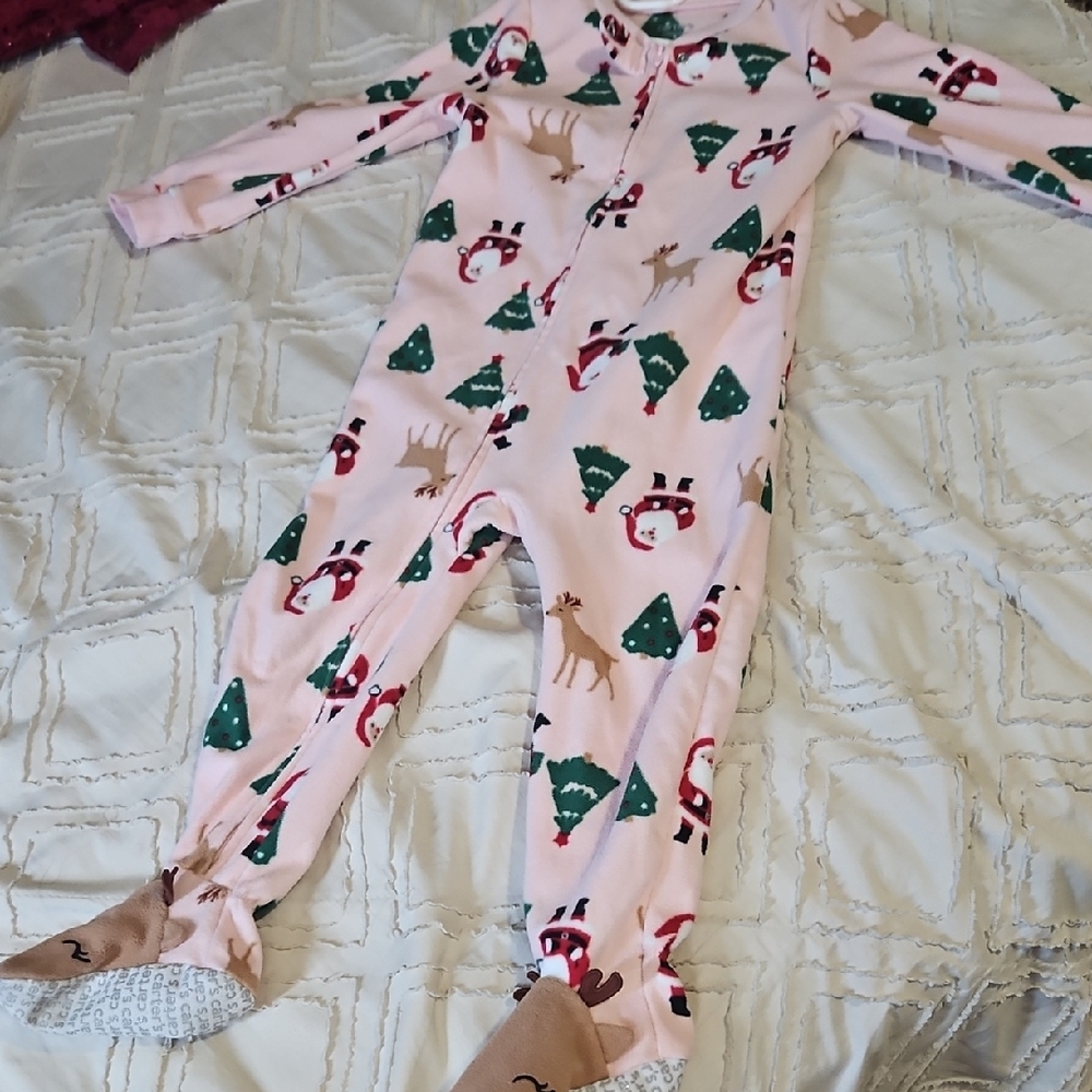 Carter's Pink Holiday Footie with Reindeer and Trees